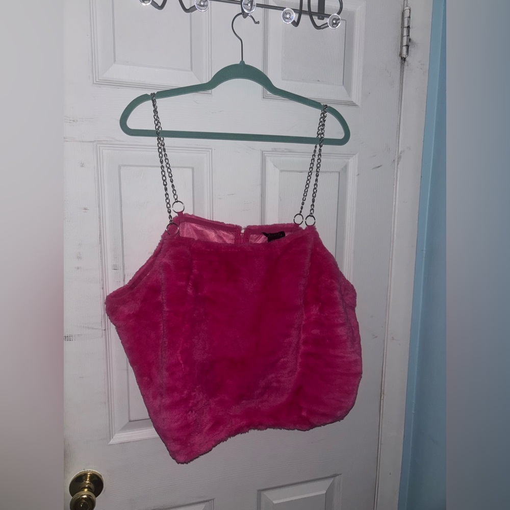 Hot Topic Pink Faux Fur Chain Strap Crop Top